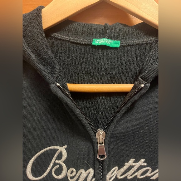 Benetton Black Hoody Sweatshirt Jacket Silver Sparkle Logo XS Italy Kawaii UCB - Picture 4 of 12